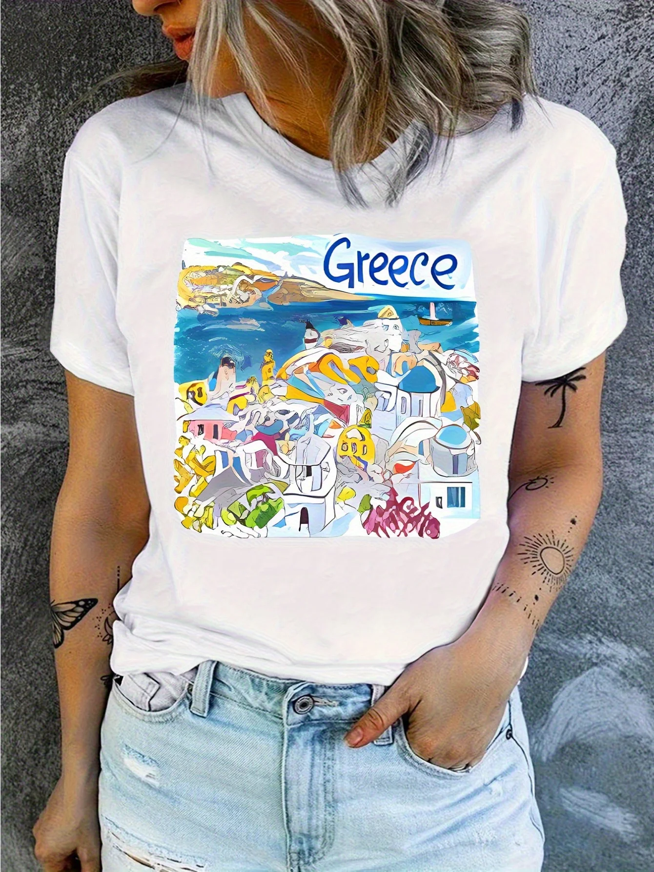 Women's Greece T-Shirt Greek Island Mainland Landmarks White Short Sleeve Top with Greek Key Pattern Aegean Sea Design