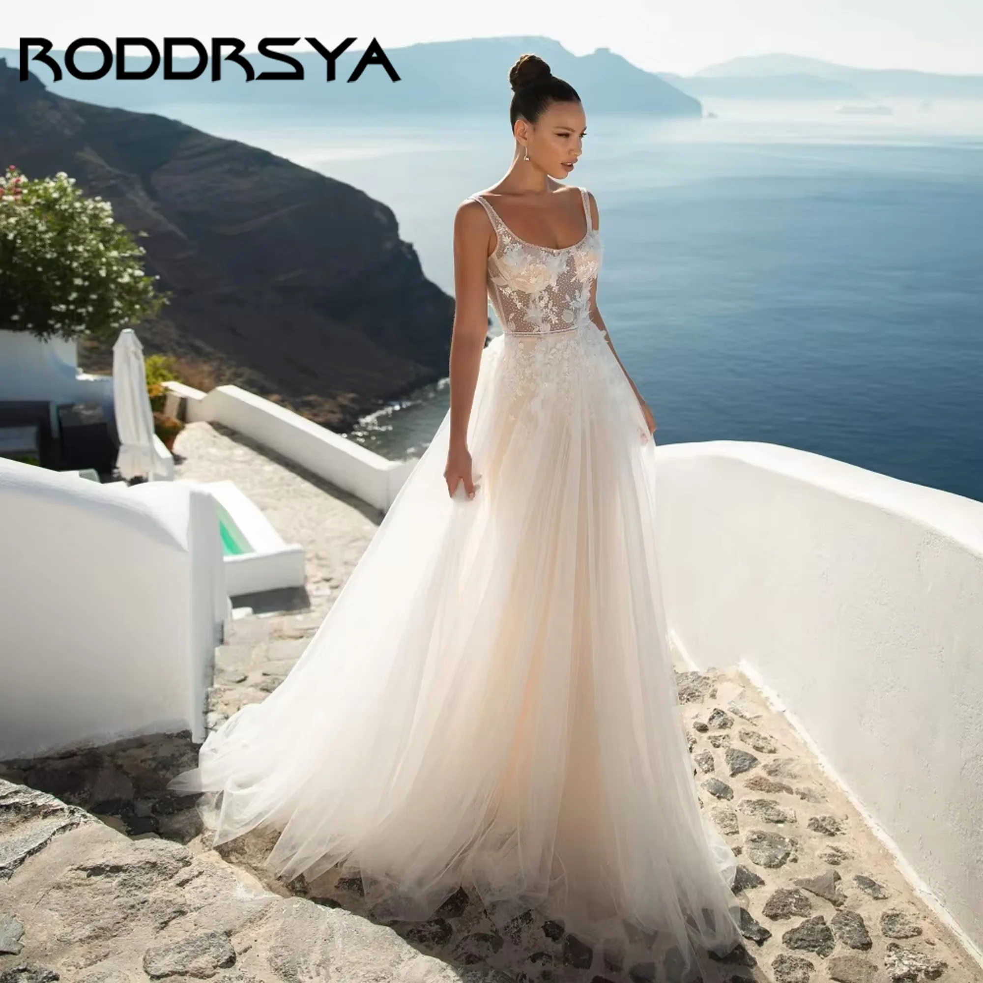 

RODDRSYA A-Line Boho Wedding Dress Tulle Applique Bride Dress Scoop Spaghetti Straps Illusion Gowns Vestidos De Novia Customized