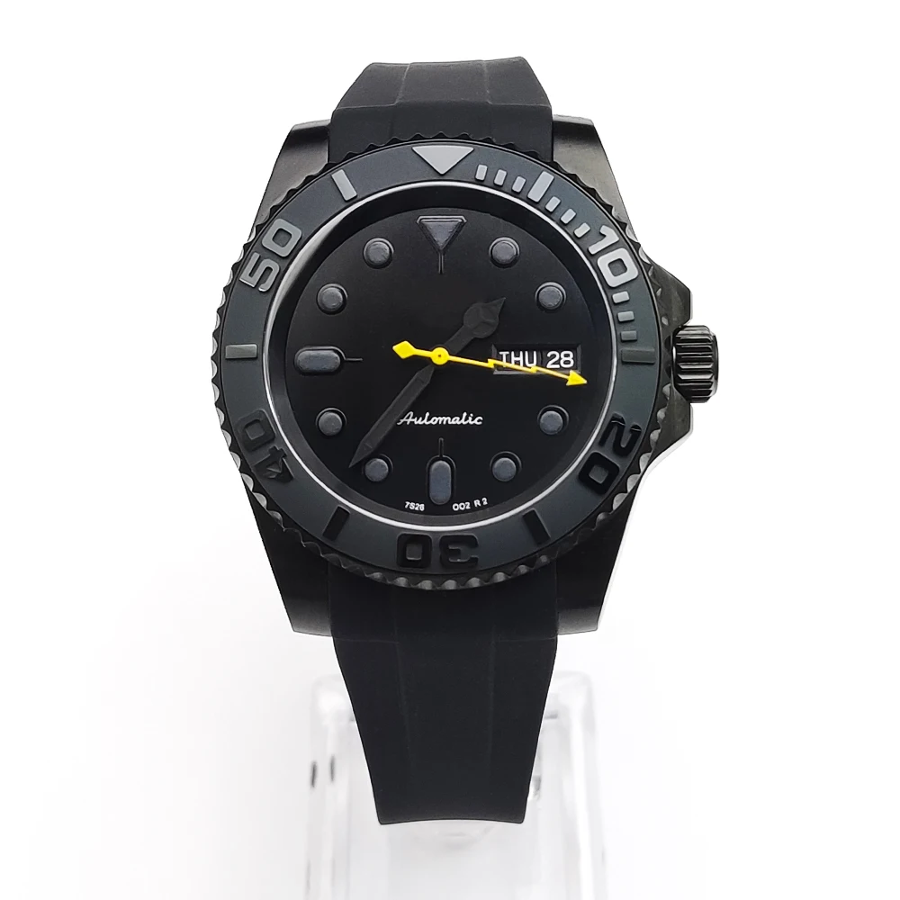 Relógio mecânico automático masculino, caixa PVD preta, vidro de safira, pulseira de borracha, movimento NH36 japonês, 40mm