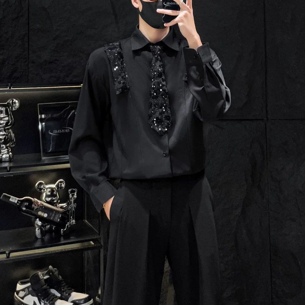 

Men's Solid Color Sequined Stitching Long-Sleeved Shirt American Retro Fashion Trend High Street Loose Breathable Niche Men Top