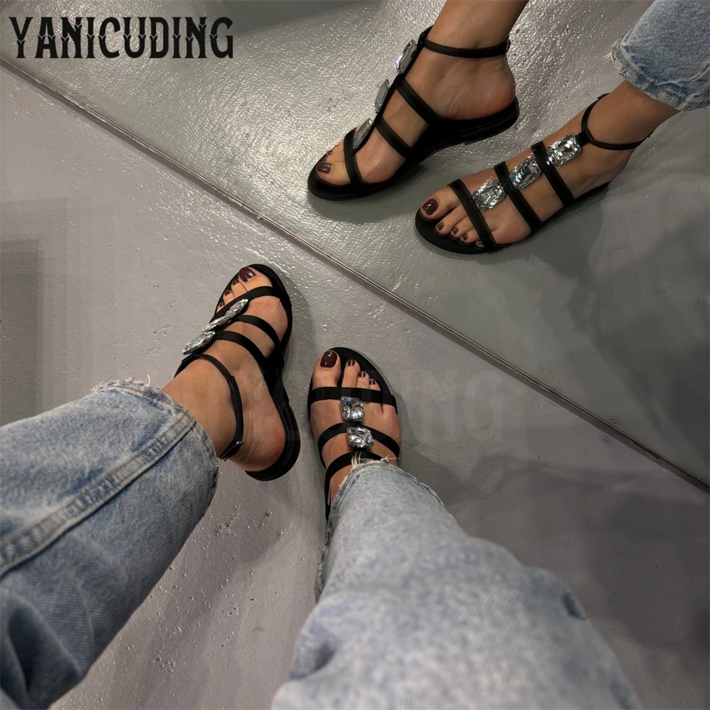 Luxury Gemstone Flat Sandals for Women Black Satin Sandal Gladiator Flat Shoes Ankle Buckle Comfortable Shoes Custom Color Flats