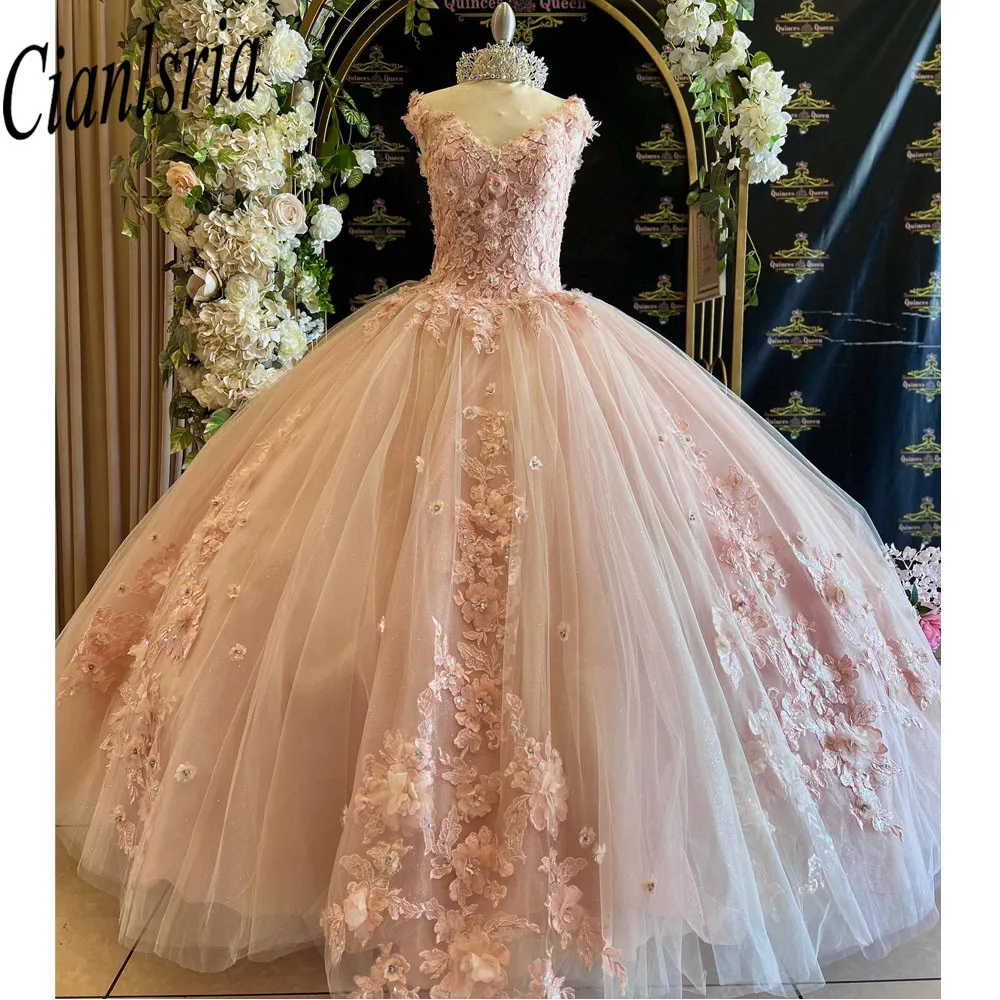 Robes de Quinceanera avec appliques 3D, perles, chérie, boule de fleurs faite à la main, tout ce qui est éducatif, 15 ans, 2023