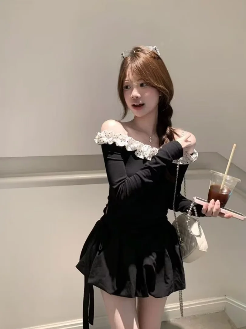 

Spicy Polka Dot Ruffle Splice Long Sleeve T-Shirt Short Skirt Set Versatile One Shoulder Design Spring Autumn New Arrival