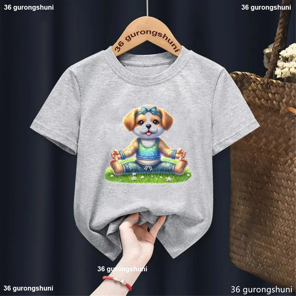 T-Shirt For Boys/Girls Fun Yoga Dog Animal Print Toddler Tshirt Fashion Trend Childrens Clothing Summer Gray Shirt Top Wholesale