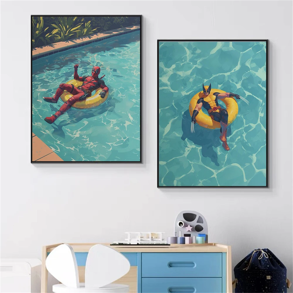 Classic Marvel Deadpool And Wolverine Swimming Ring 2 Sets Posters Wall Canvas Poster Decorate Children's room Decor Gift