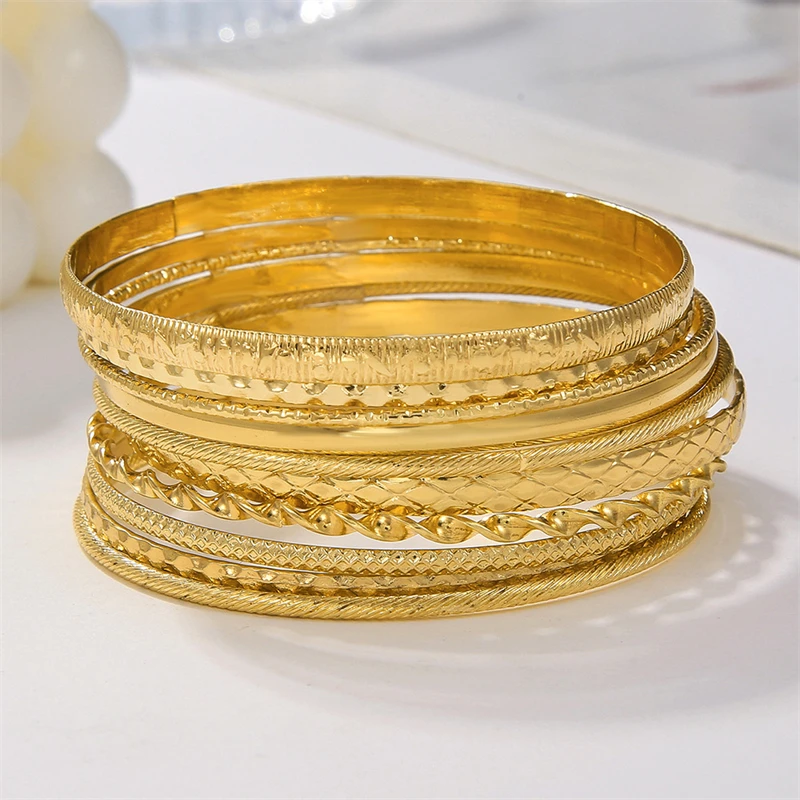 6-10pcs Multilayer Metal Bangles Set For Women Gold Color Hip Hop Punk Textured Stackable Bracelet Party Jewelry Accessories