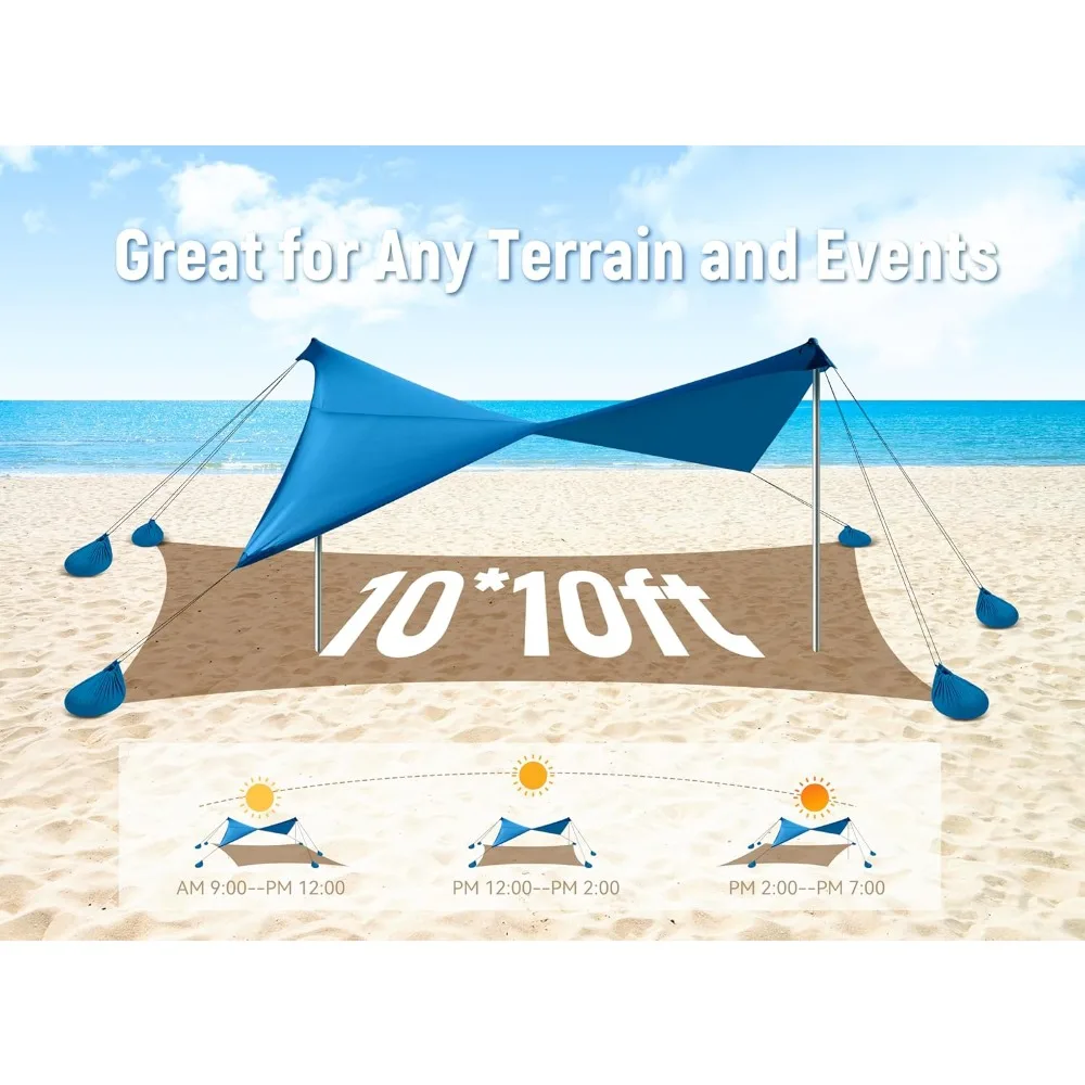 خيمة شاطئ، مأوى شمسي بعامل حماية من أشعة الشمس 50+، مظلة خارجية مقاس 10 × 10 أقدام مع أكياس رمل، أوتاد أرضية، أقطاب ثابتة ومجرفة رمل، شمس محمولة