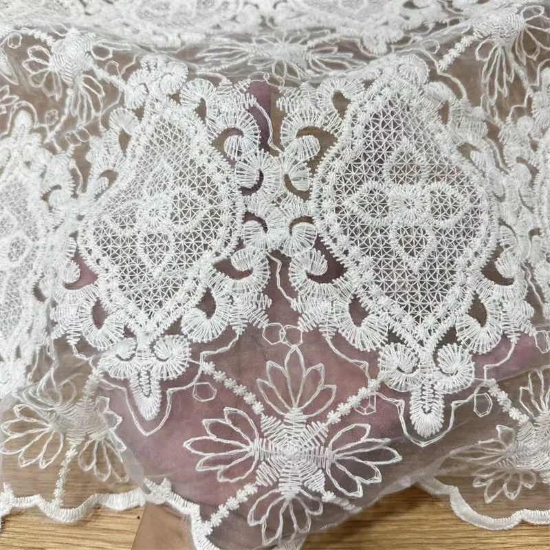 White Diamond Floral Embroidery Lace Fabric Hollow Geometric Tulle Lace for Wedding Dress Bridal Veil DIY Sewing Cloth Material