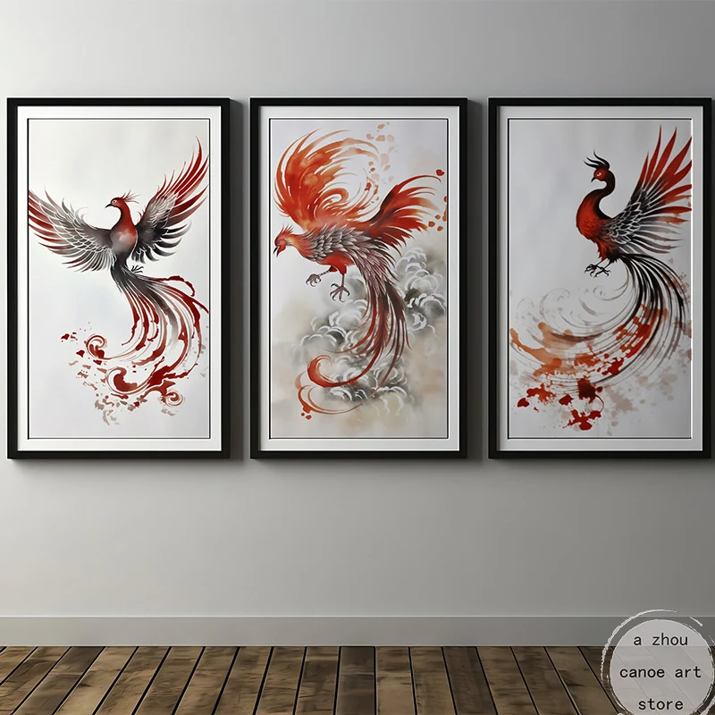 Traditional Abstract Chinese Feng Shui Phoenix Animal Art Poster Canvas Painting Wall Print Picture for Living Room Home Decor