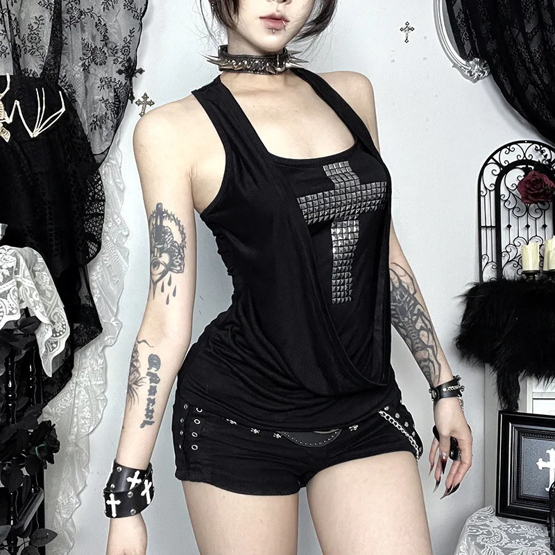 [You're My Secret] Gothic-inspired Patchwork Sleeveless Crop Top Black Cross-embellished Rhinestone Tank Top Sexy Halter Vest