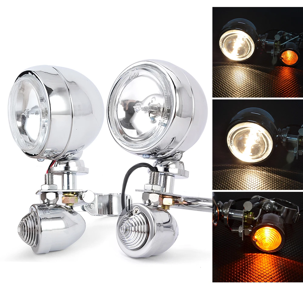 Motorcycle Halogen Headlight Fog Light Front Fork Driving Auxiliary Lamp w/ Turn Signal Light For Cruisers Choppers Cafe Racers