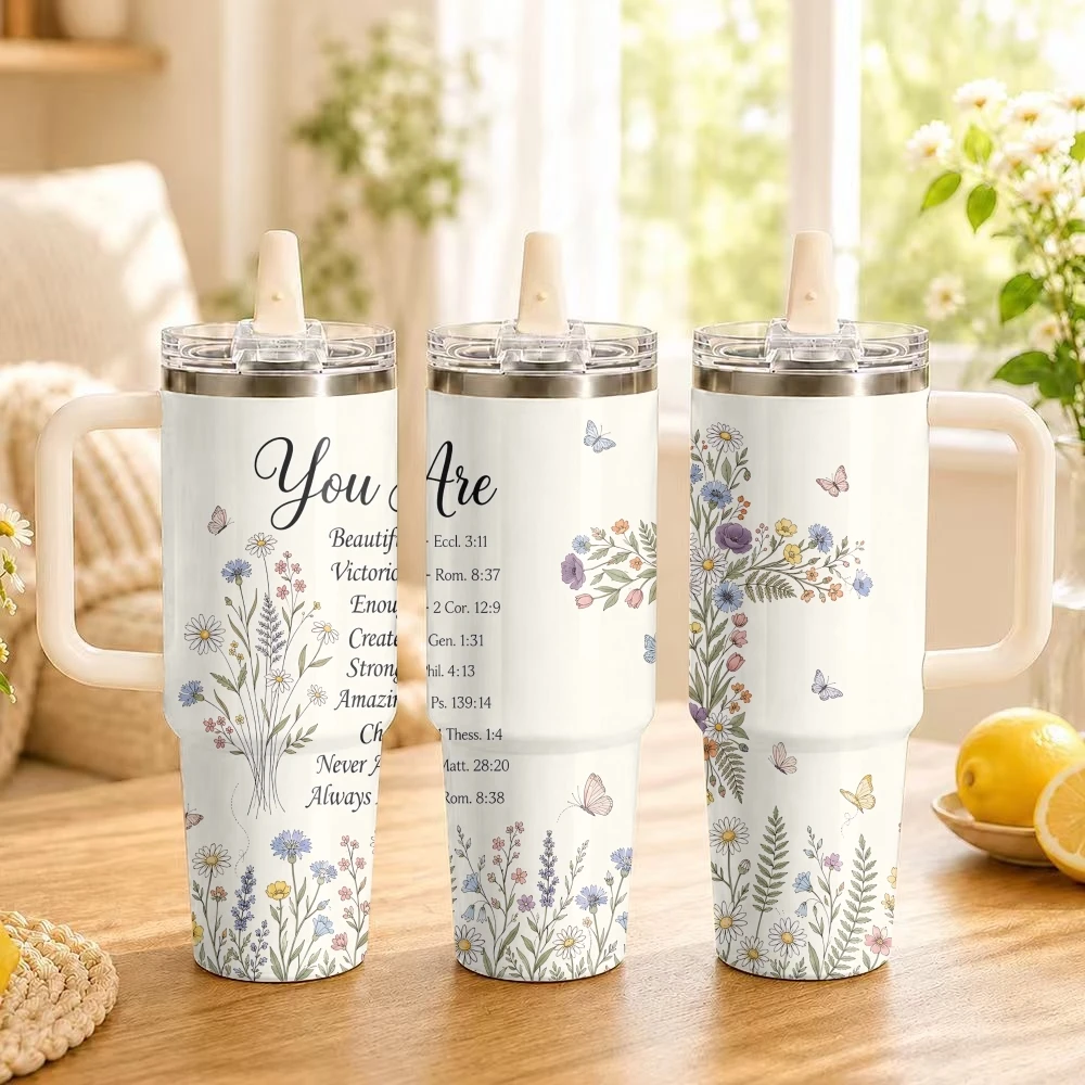 Encouraging Women Christian Words Flower Vacuum Flasks 40oz Thermal Tumbler Stainless Steel Insulated Water Portable Mug Cup