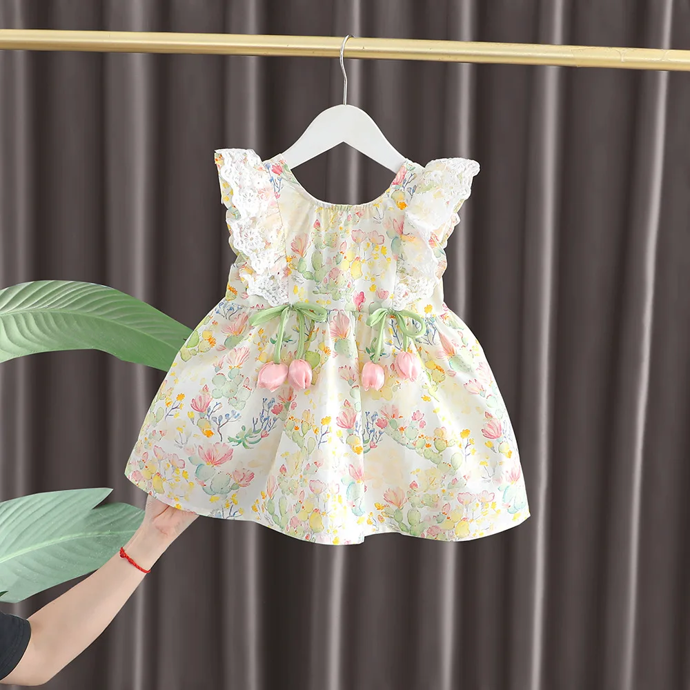 

Girls Summer Dress 2025 New Sweetheart Floral Print Short Flutter Sleeve Tulips Bowknot Dress Girls Birthday Princess Dress