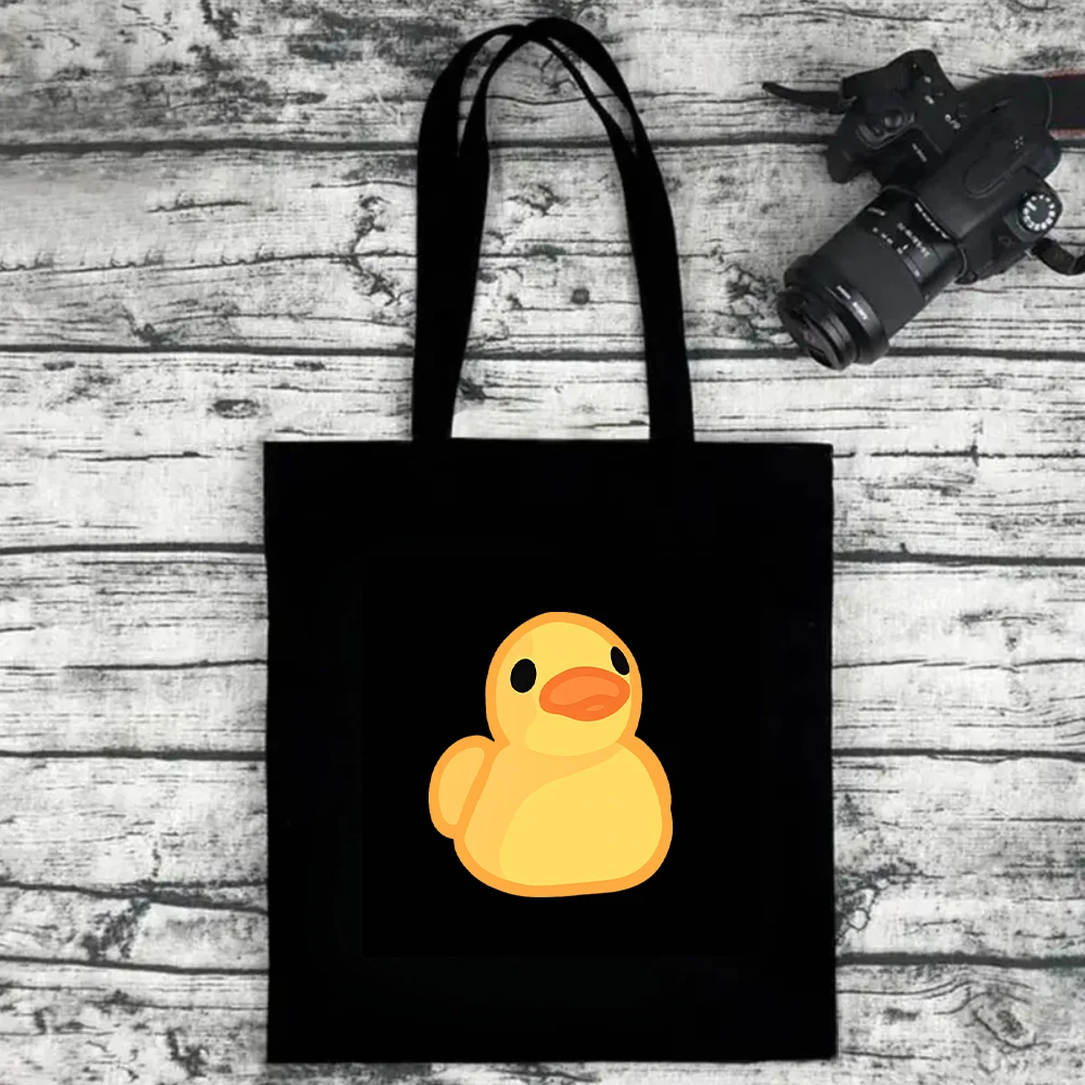 Cute Yellow Rubber Duck Canvas Tote Bag, Simple Cartoon Animal Print Shoulder Bag