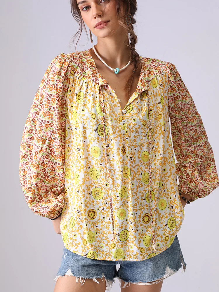 

2025 Spring New Retro Bohemian Floral Shirt Loose Top Patchwork Fashion Lace Up V-Neck Long Sleeve Shirt Women Blouses Shirts