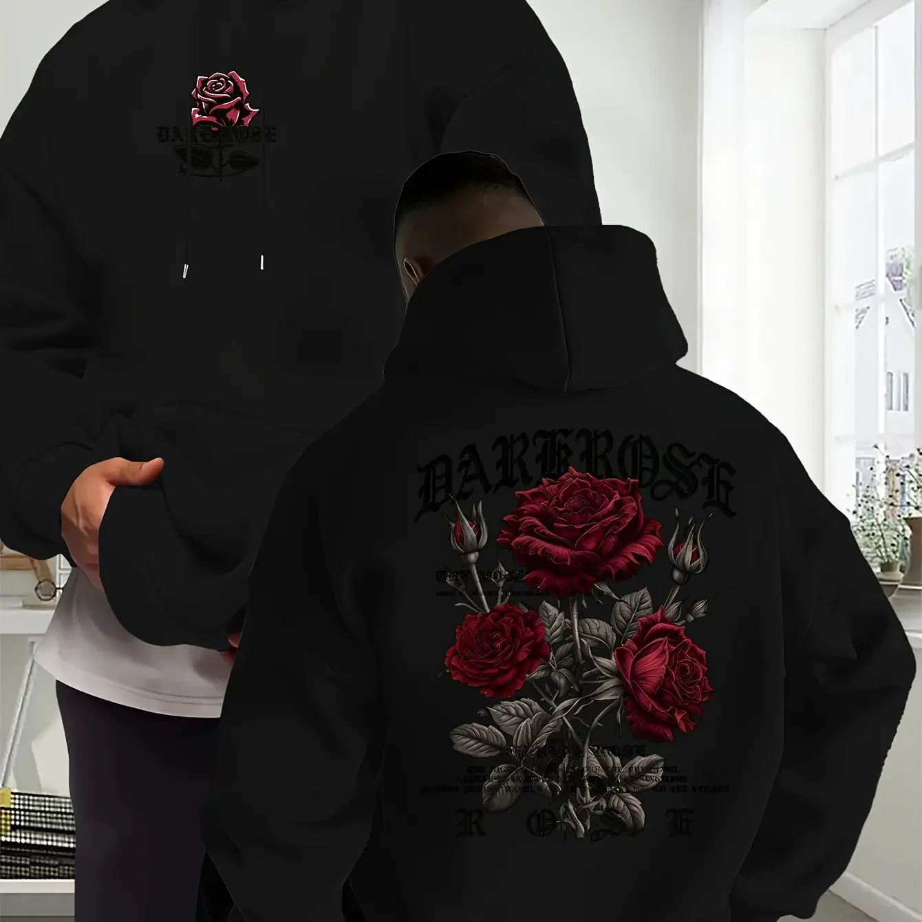 Men's Gothic Rose Hoodie Dark Red Floral Script Graphic Front Back Print Oversized Pocket Pullover Sweatshirt Streetwear