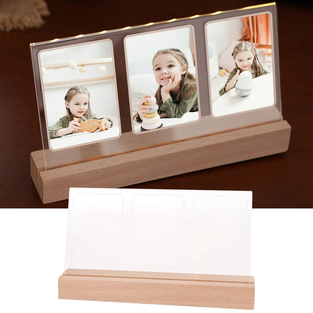 Glowing 3 in 1 LED Light Photo Frame Wooden Base Clear Acrylic Photo Holder Widely Use Soft Light Instant Picture Frame Desktop