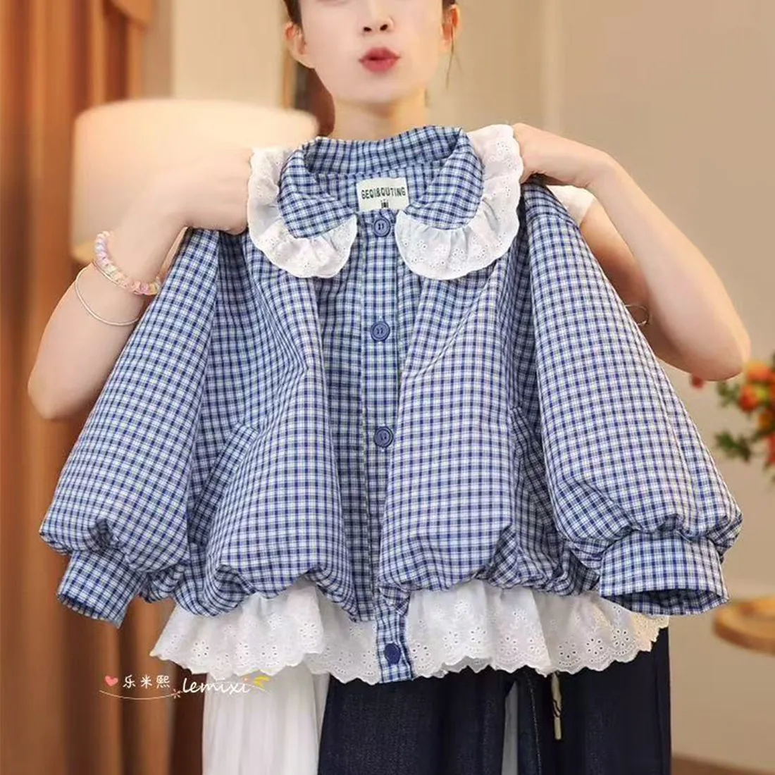 4-14Y Spring and Autumn Girls Plaid Lace Coat 2025 New Children's Doll Collar Cardigan Jacket Teenage Girls' Clothing 110-170cm