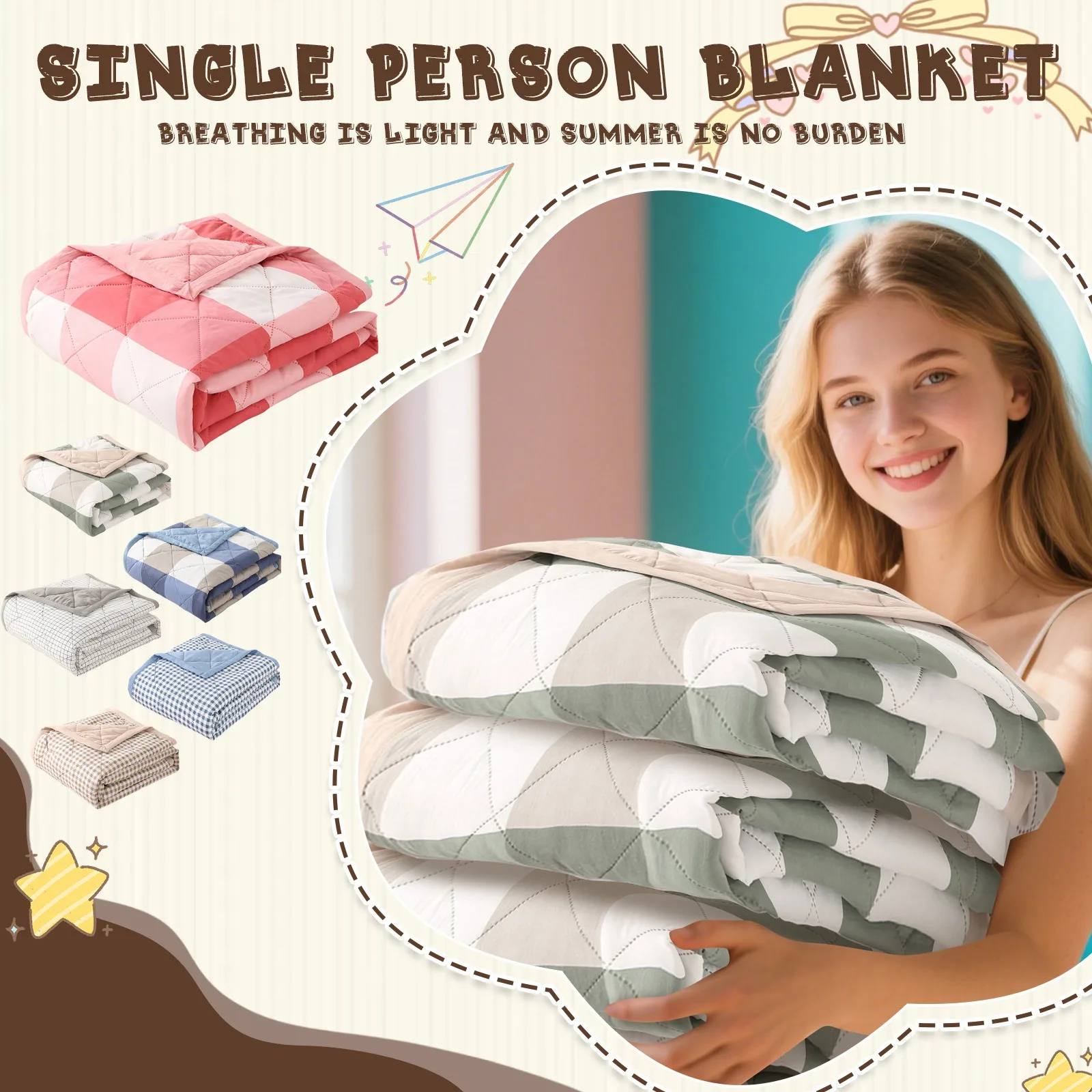 Selimut Empat Musim Bahan Katun Solid Ramah Kulit, Lembut dan Nyaman, Ringan untuk Piknik Luar Ruangan