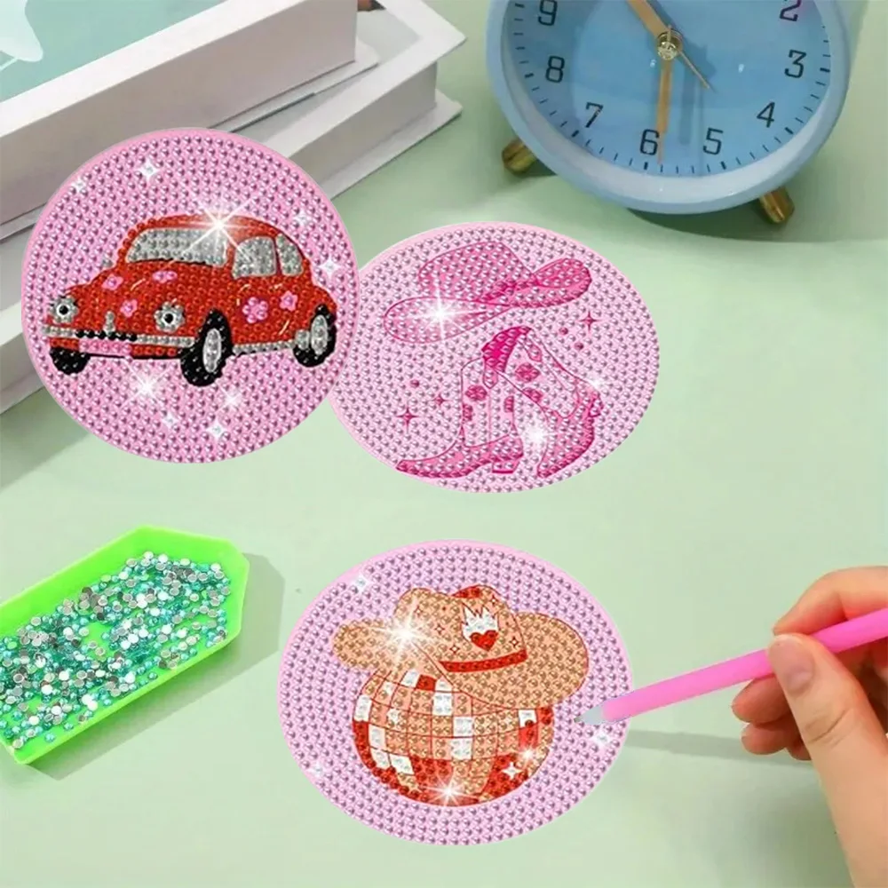 8 Pieces/Set of Diamond Painting Coasters with Brackets, DIY Pink Series Patterned Diamond Painting Coasters - view 6