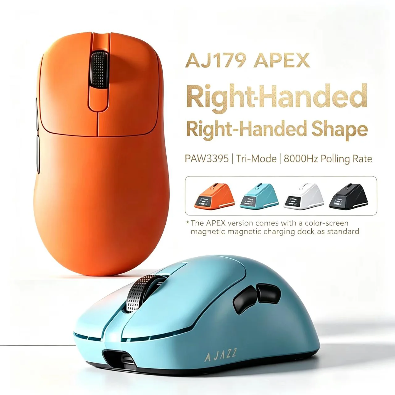 Ajazz AJ179 Apex Esports Gaming Mouse, PAW3950 Sensor, Wireless Bluetooth Tri‑Mode, Lightweight with Charging Dock