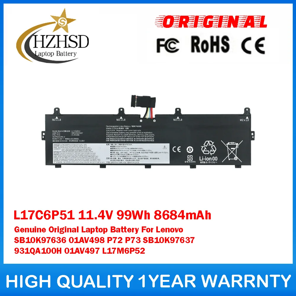 

L17C6P51 11.4V 99Wh 8684mAh L17M6P52 Genuine Original Laptop Battery For Lenovo P72/73 20MB 20MC SB10K97636 SB10K97637 931QA100H