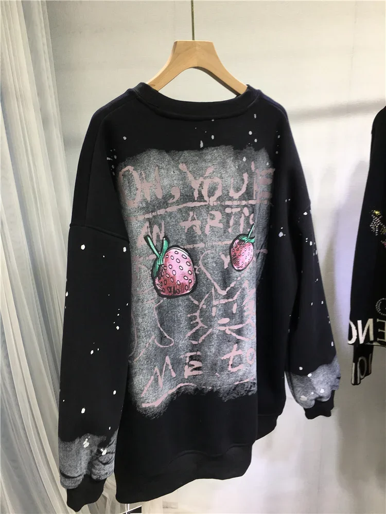 Heavy Embroidery Sequins Women Sweatshirt Cute Bear Gradient Tie Dye Thicken Fleece Pullover Top O-neck Long Sleeve Hoodies