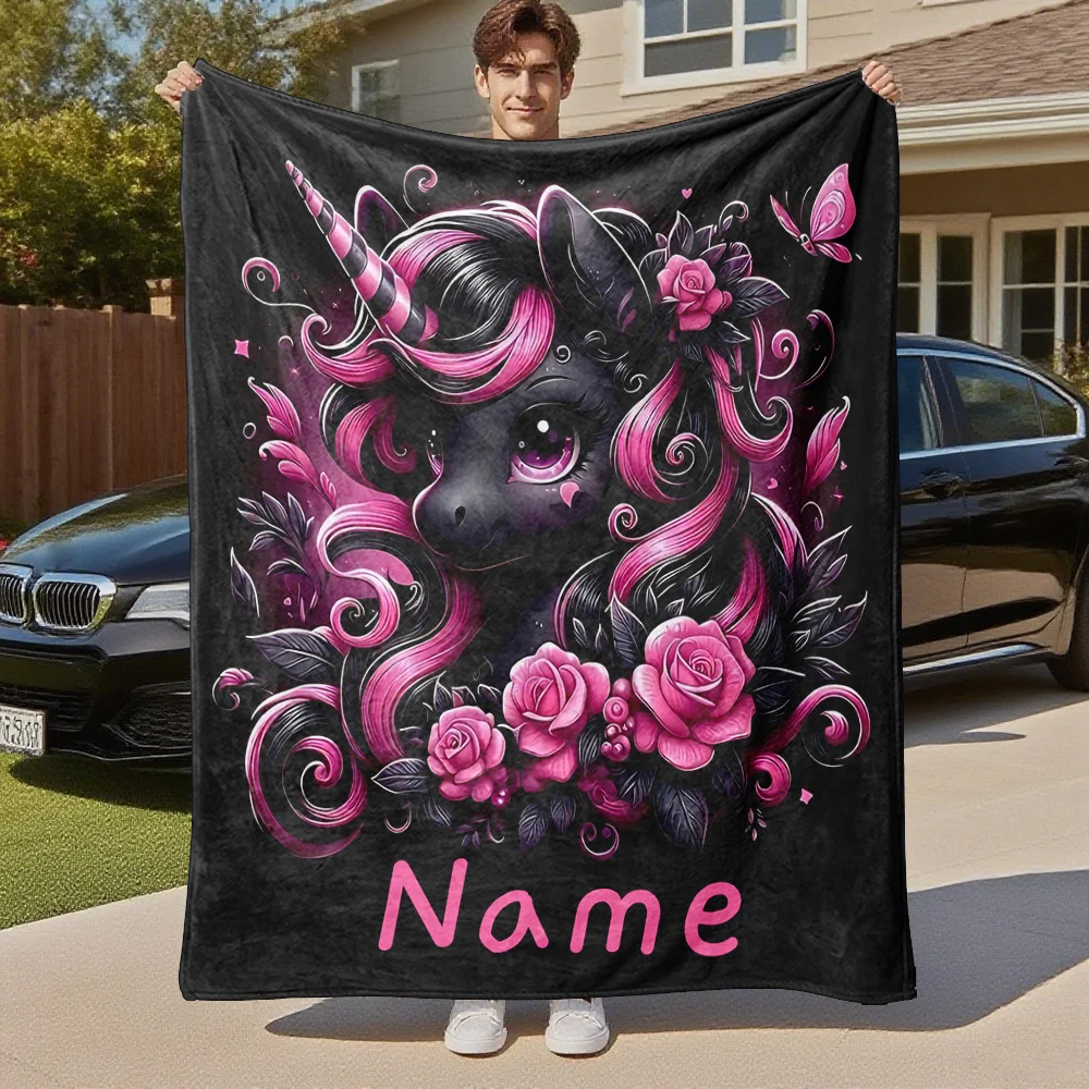 

1 custom-named unicorn and pink rose flannel blanket,suitable for all seasons,room decoration,birthday gift,Halloween blanket