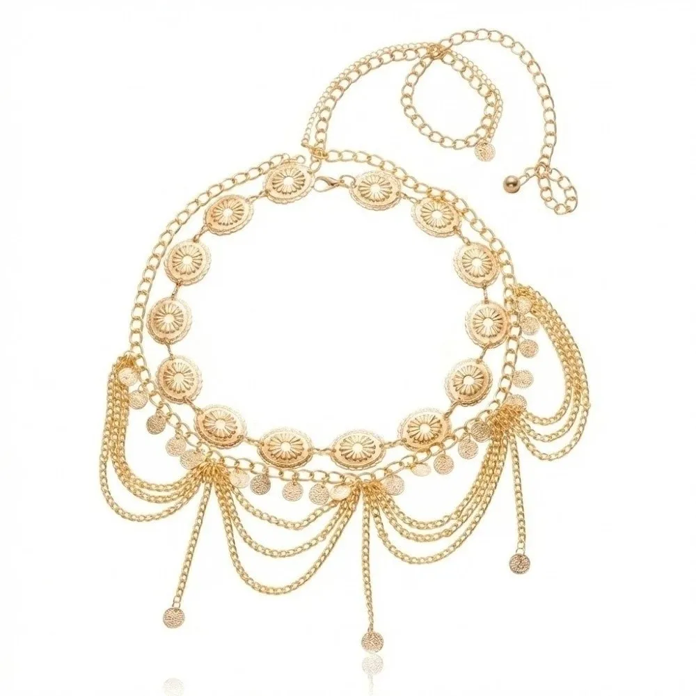 Ethnic Style Hollow Out Multi Layer Waist Chain Elegant Shiny Fringe Belt Tassel Delicate Dance Accessories Belly Dance