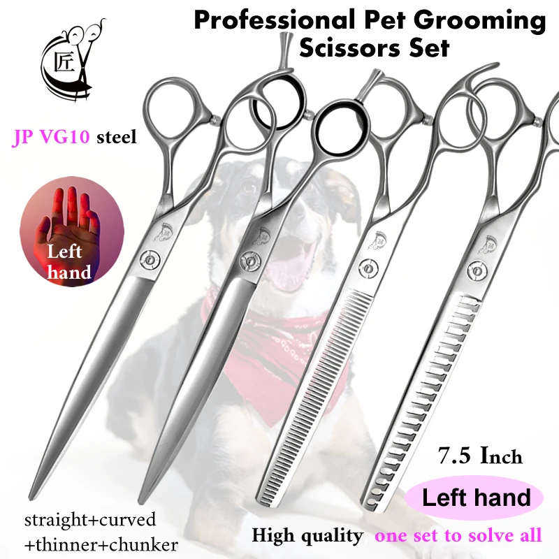 

Crane Left Hand 7.5 Inch Professional Shears Set VG10 Steel Pet Scissors Kit Dog Grooming Straight Curved Chunker Thinning Set