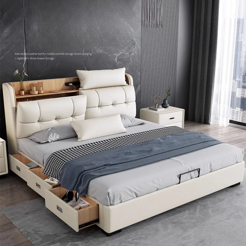 

Frames Queen Bed Headboard Fancy White Multifunctional Double Bed Modern Luxury Muebles Para Dormitorio House Accessories
