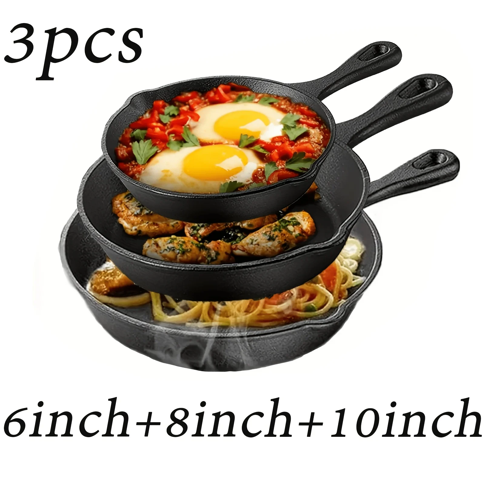 Gusseisen 3-teiliges Set, Eierpfanne, Steak-Grillpfanne, Flachboden-Wok, Multifunktionales Kochgeschirr für Alle Herdarten & Täglichen Gebrauch
