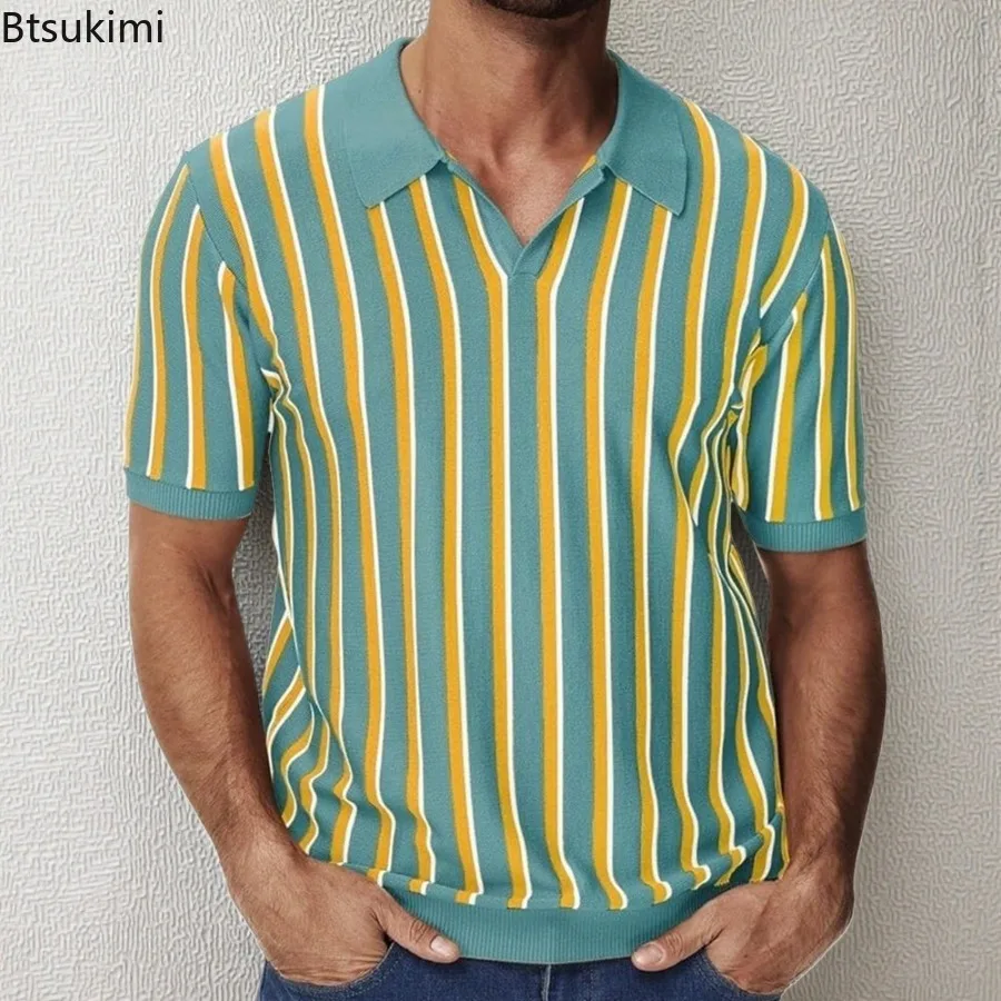 

Summer Casual Knitted Short Sleeve Shirt for Men Fashion Striped Lapel Pullover Tops High Quality Men Business Social Polo Shirt
