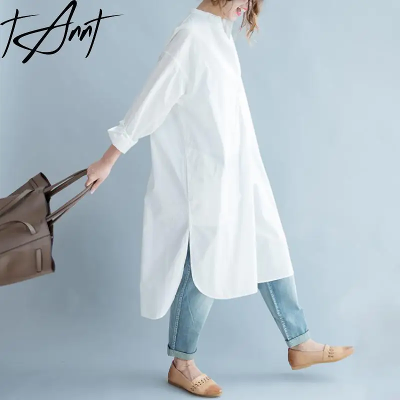 GetSpring Women Dress 2024 Autumn Full Sleeve Single Breasted Split Simple White Shirt Dress Fashion Loose Casual Long Dresses