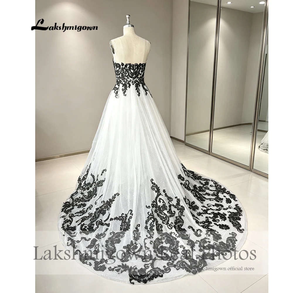 Lakshmigown Schickes Schwarz-Weißes Hochzeitskleid mit Spitzenapplikationen, Herzausschnitt, Ärmellos, Lange Brautkleider, Echte Fotos, Maßanfertigung – Detail 8
