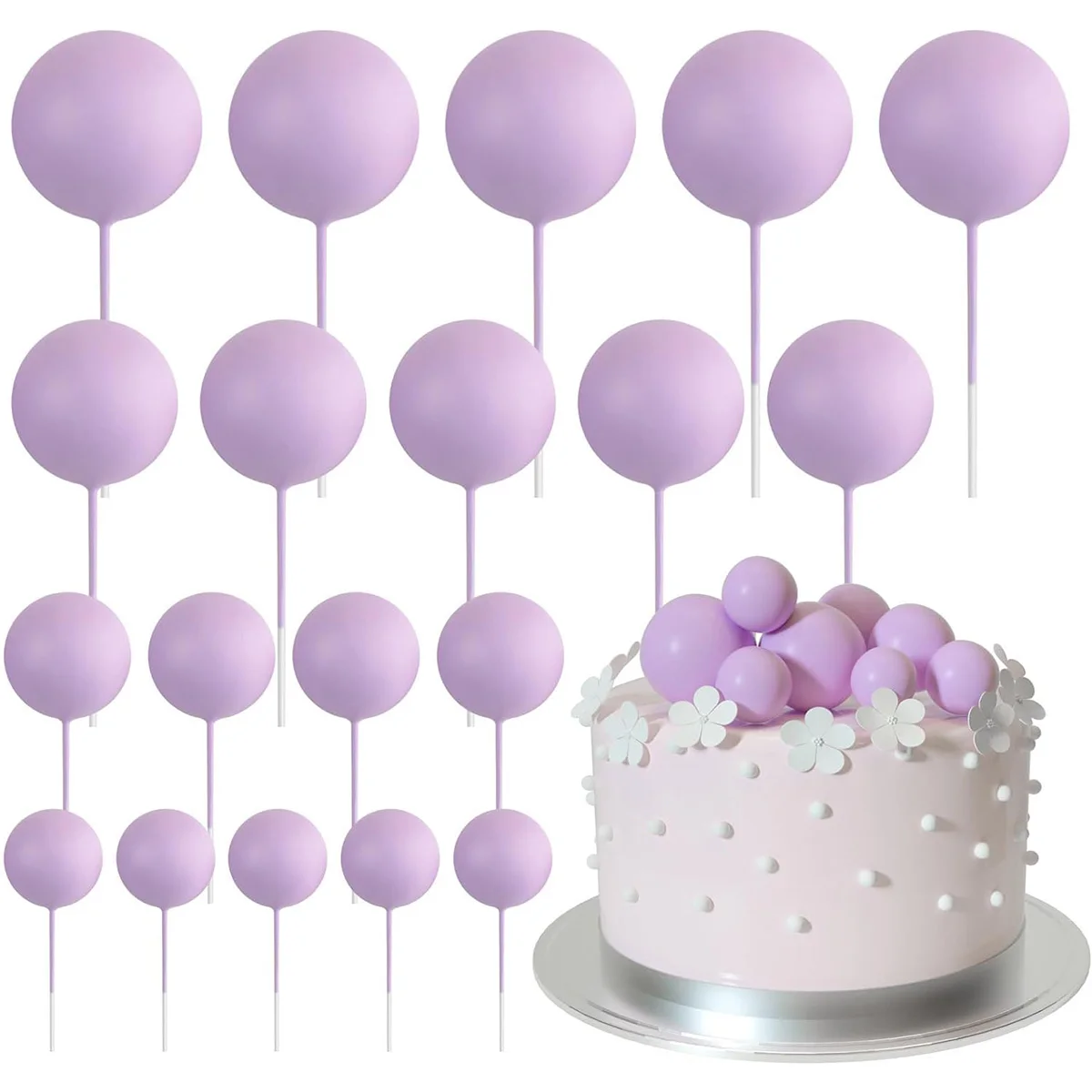 20 Pcs  Mini Balloons Cake Topper Sticks Light Purple Balls Cake Picks Cake Topper Ball  for Wedding Birthday Cake Decorations