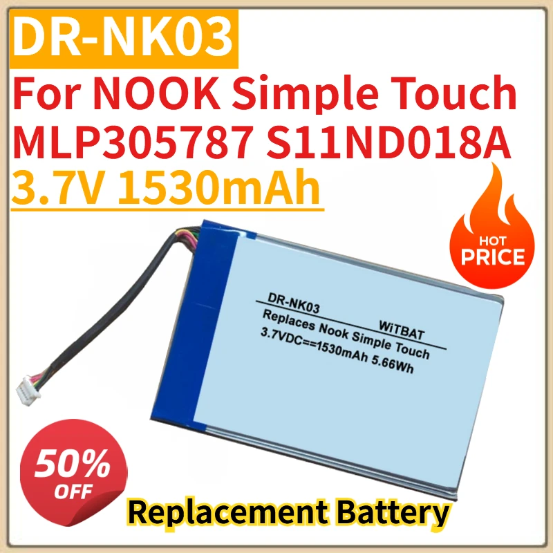 

High Quality New DR-NK03 3.7V 1530mAh E-reader Battery for NOOK Simple Touch MLP305787 S11ND018A Replacement Battery