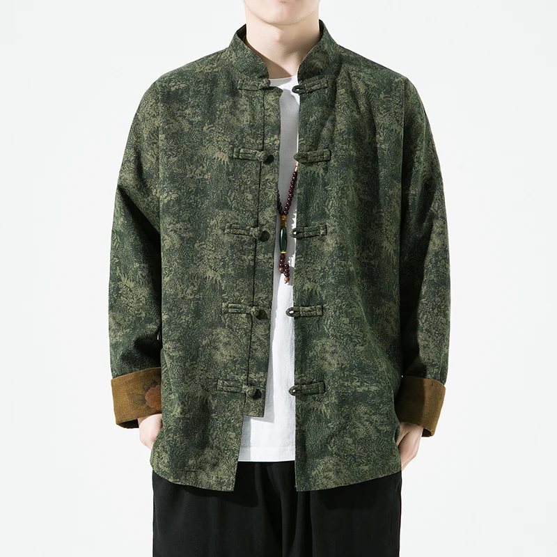 Jaqueta chinesa masculina com estampa retrô, estilo primavera, tamanho ande, casaco zhongan com botões, traje tang casual...