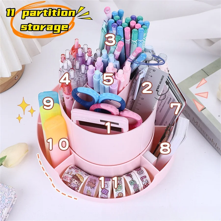 Grande capacidade Desk Pencil Storage Box, 360 ° Rotatable Pen Holder, 9 Grid Papelaria Organizer, Escola e Escritório Stand