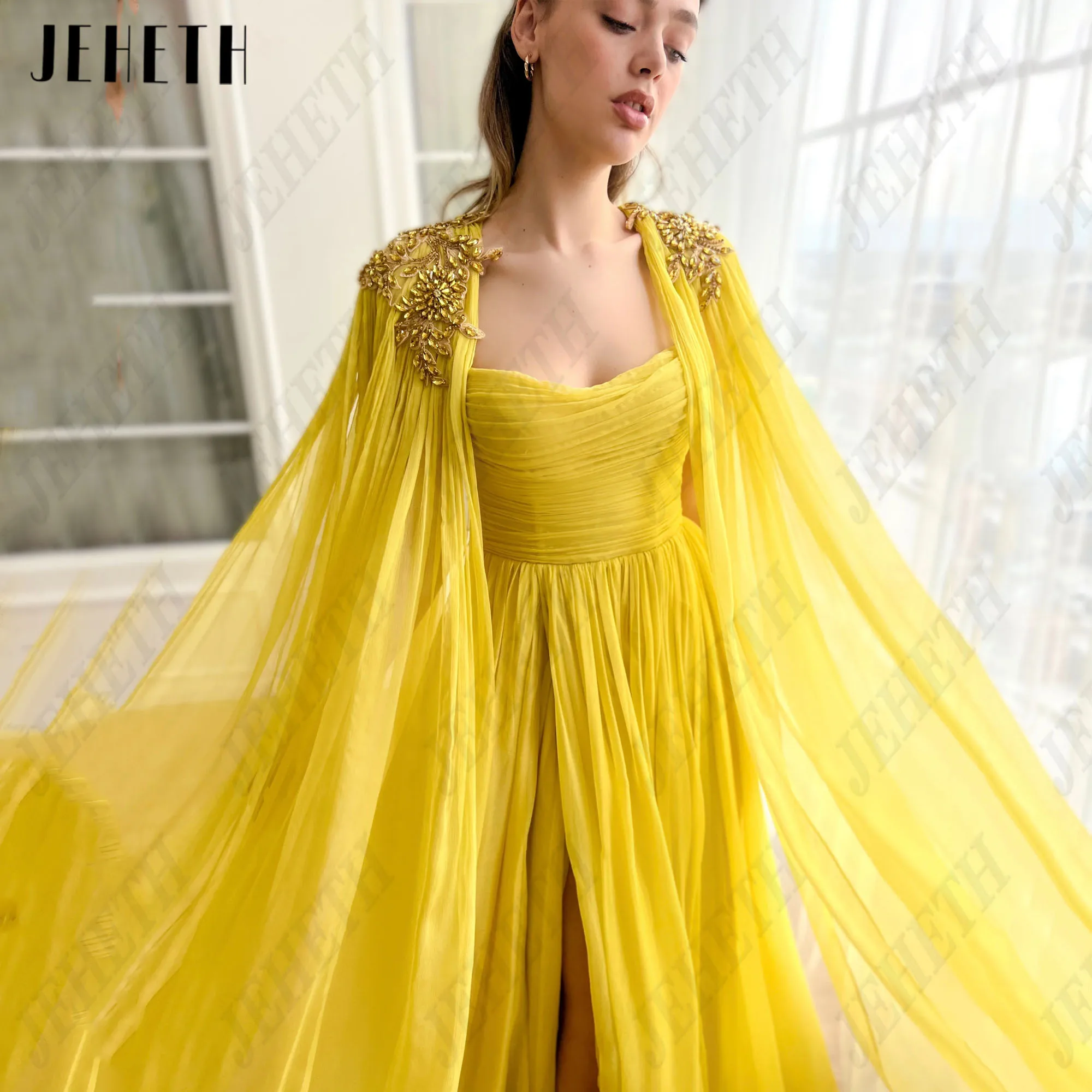 JEHETH Chiffon A-Line Prom Dress With Jacket Sweetheart Side Split Party Gowns Sleeveless Applique Backless Vestidos De Fsta