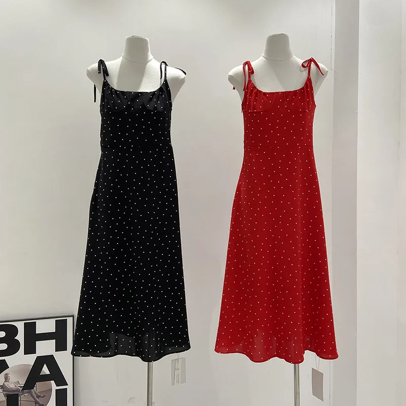 

Korean Polka Dot Red Suspender Dress Women Summer Fashion Strapless Sleeveless Long Dress Female Daily Out A-Line Vestidos