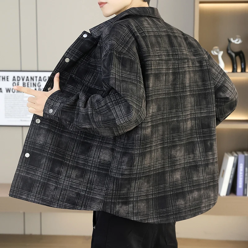 2026 Winter New Style Youth Single-Piece Buttoned Down Down-proof Thick Fashionable Casual Denim Check Jacket Coat