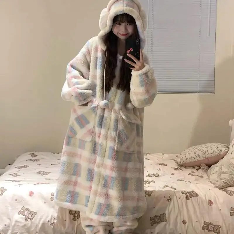 ملابس نسائية بيجامات من الصوف المرجاني للشتاء مقاس كبير ملابس نوم دافئة وسراويل ملابس منزلية بدلة لطيفة وعصرية ومريحة