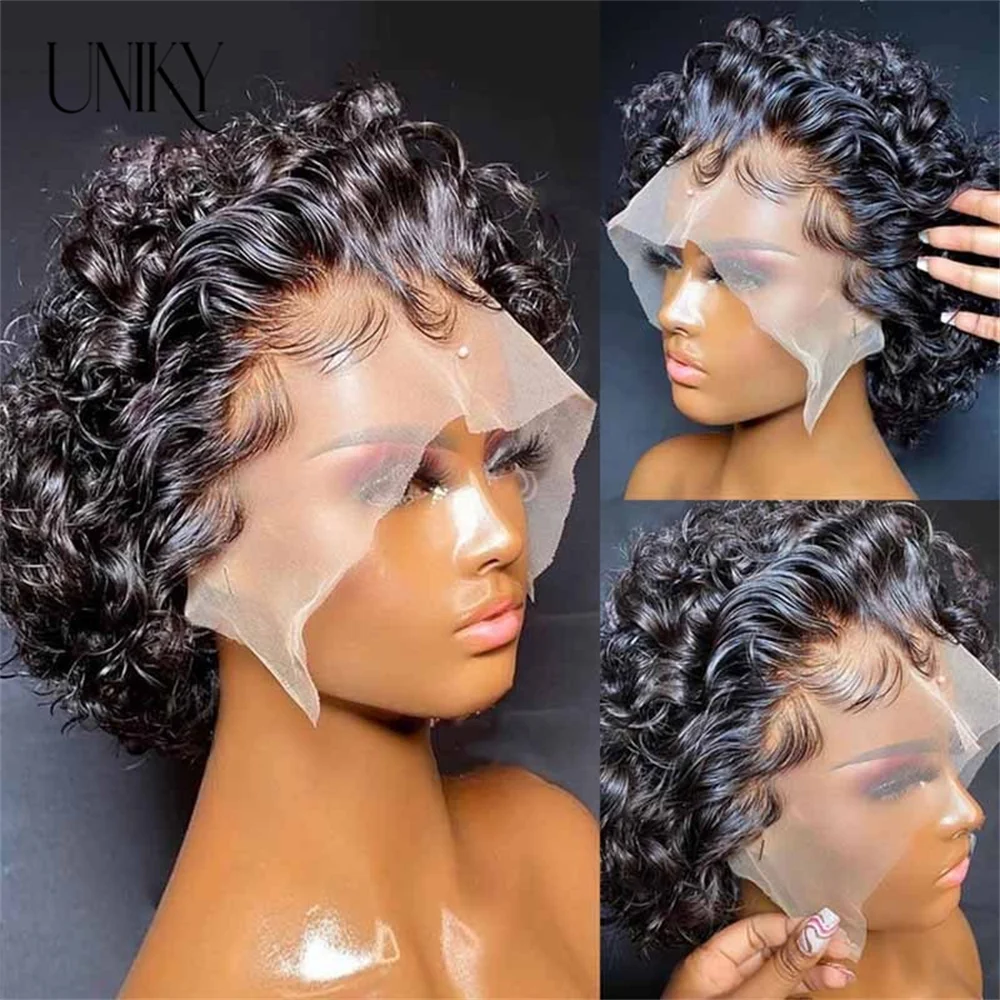 Peruca curta de corte pixie peruano onda de água perucas de cabelo humano para mulheres negras 18% destino profundo encaracolado 13*1 perucas dianteiras do laço para mulher