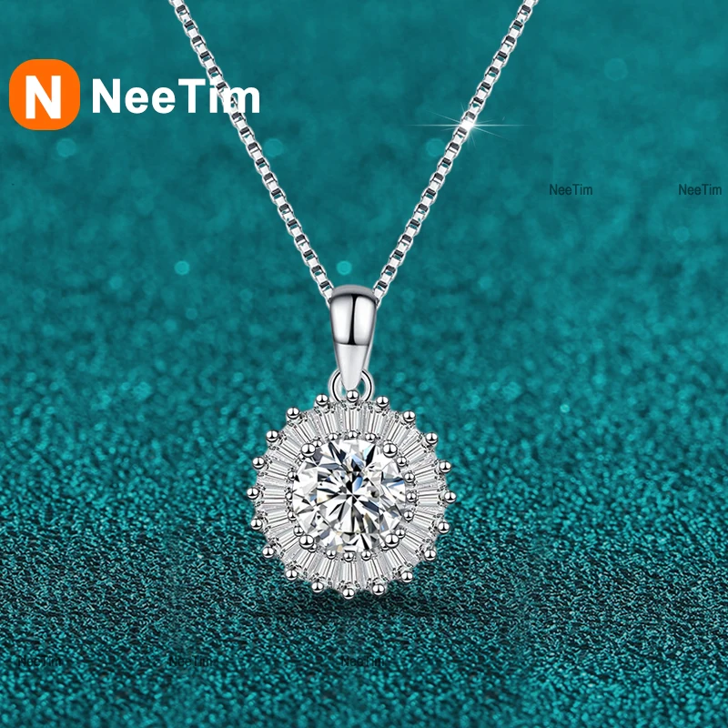 NeeTim 1ct Moissanite Necklace Pendant for Women s925 Sterling Silver with White Gold Plated Party Bridal Neck Chain Jewelry
