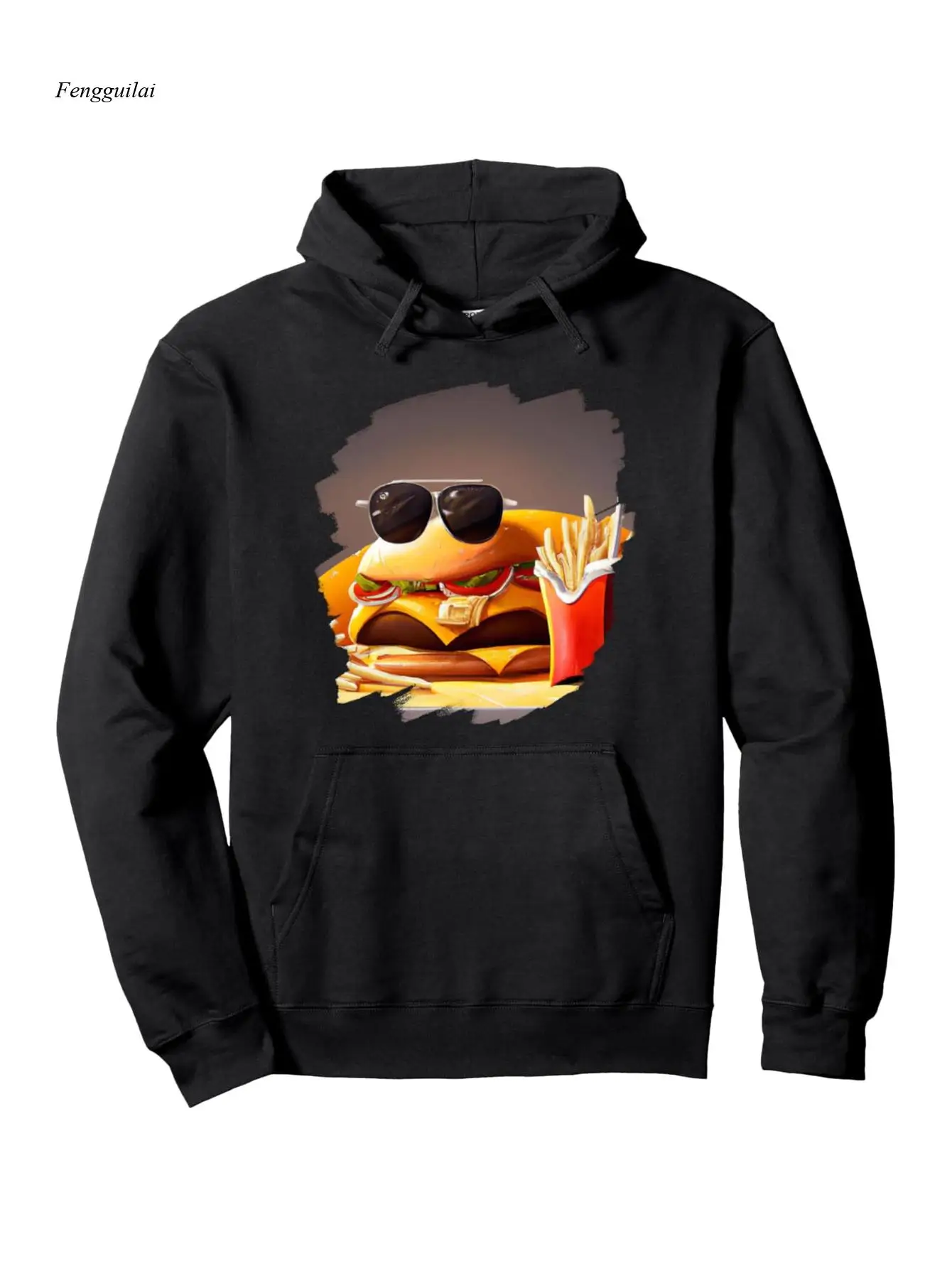 Funny Fast Food Print Hoodie-Burger & Fries Graphic Pullover Hooded Sweatshirt, Casual Winter Wear for Foodies, Machine Washable