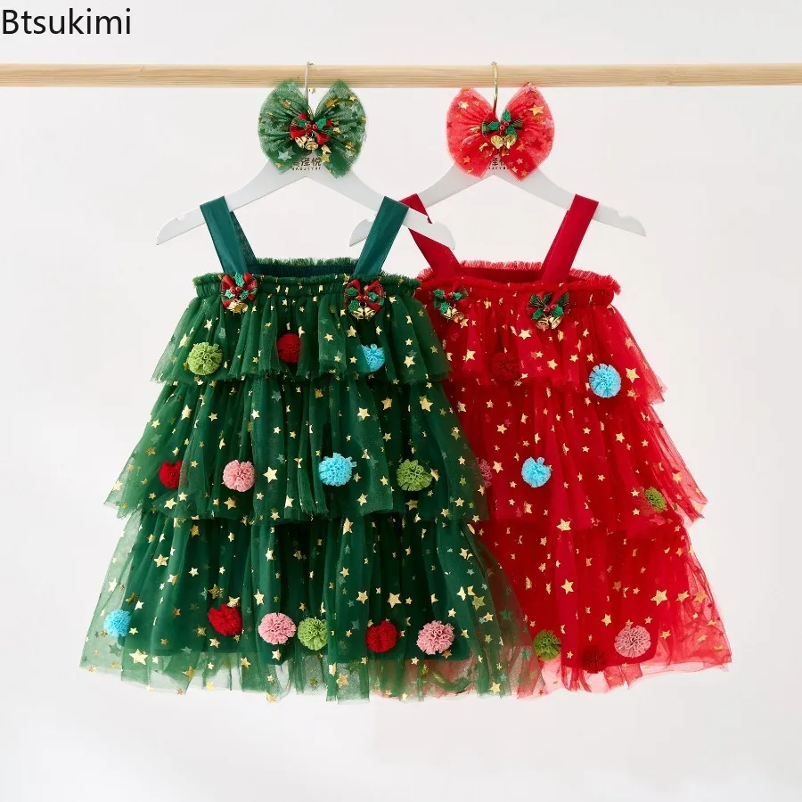

New 2026 Girls Christmas Dress Star Sequin Layered Tutu Tulle Dress Sweet Cute Cake Dress Xmas Cosplay Costumes for Toddler Girl