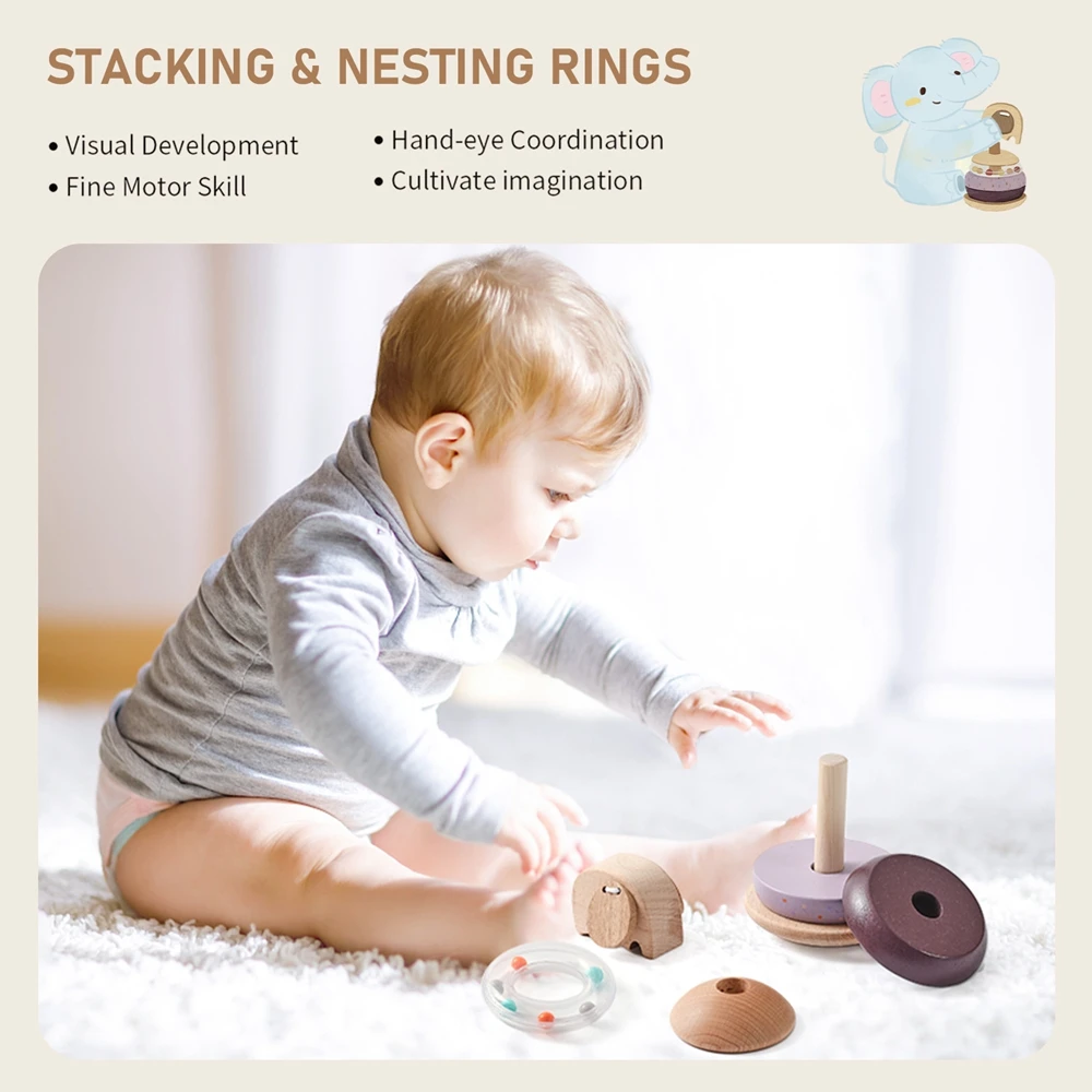 Baby Montessori Wooden Animal Blocks Educational Toys Elephant Bell Teething Toy Senses Grasp Balance Brain Game Newborn Gifts