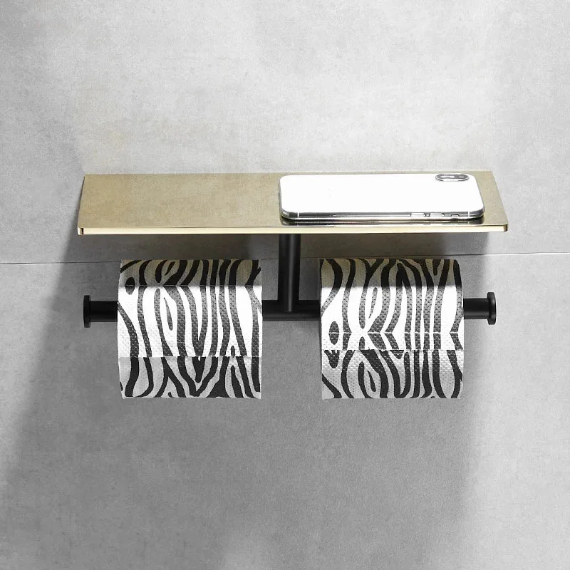 Bathroom Paper Holder with Phone Shelf Bathroom Mobile Phones Holder Brushed Gold Brass Tissue Holder Rack Toilet  Tissue Boxes