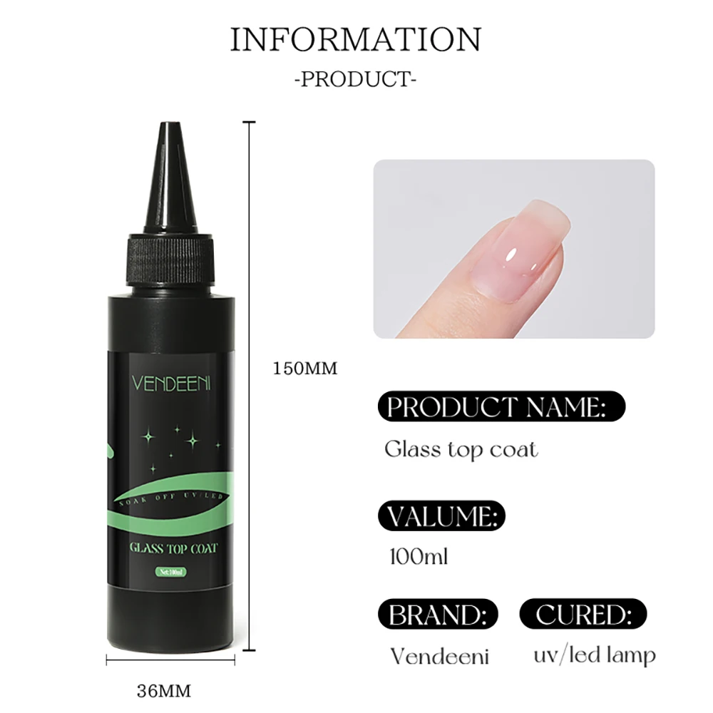 Vendeeni 100ml Glass Top Coat Gel Nail Polish UV LED Soak Off Gel Varnish Wear Scratch Resistant Nail Art Top Coat Salon Quality